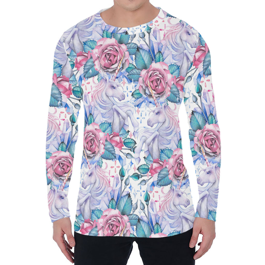 White Fairy Rose Unicorn Pattern Print Men's Long Sleeve T-Shirt