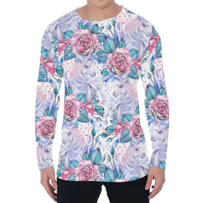 White Fairy Rose Unicorn Pattern Print Men's Long Sleeve T-Shirt