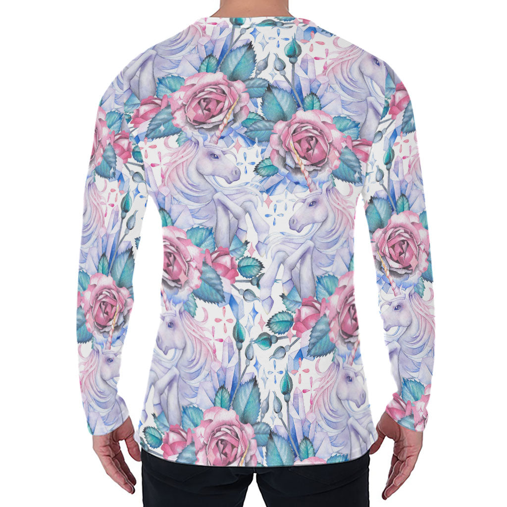 White Fairy Rose Unicorn Pattern Print Men's Long Sleeve T-Shirt
