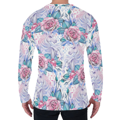 White Fairy Rose Unicorn Pattern Print Men's Long Sleeve T-Shirt