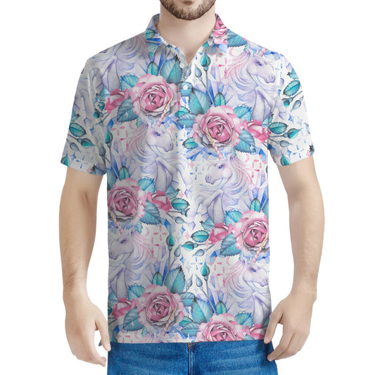 White Fairy Rose Unicorn Pattern Print Men's Polo Shirt