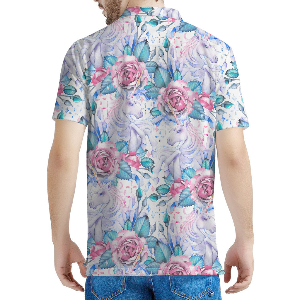 White Fairy Rose Unicorn Pattern Print Men's Polo Shirt
