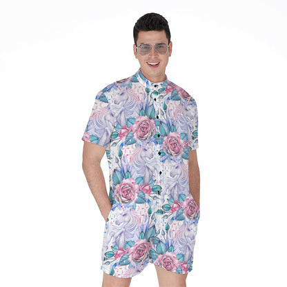 White Fairy Rose Unicorn Pattern Print Men's Rompers