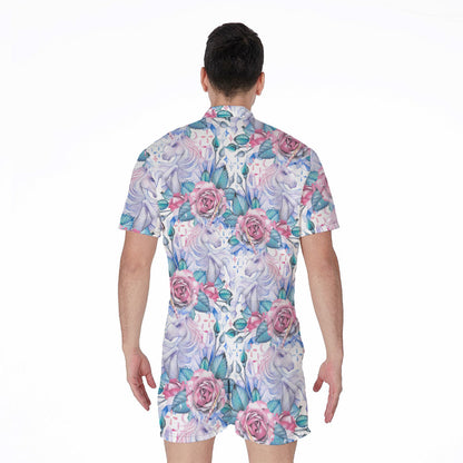 White Fairy Rose Unicorn Pattern Print Men's Rompers