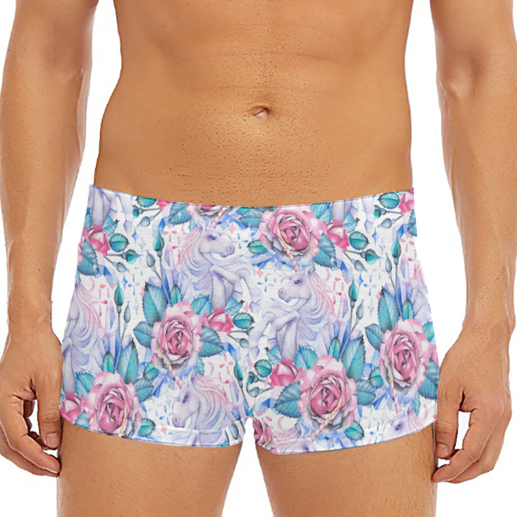 White Fairy Rose Unicorn Pattern Print Men's Short Boxer Briefs