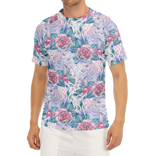 White Fairy Rose Unicorn Pattern Print Men's Short Sleeve Rash Guard