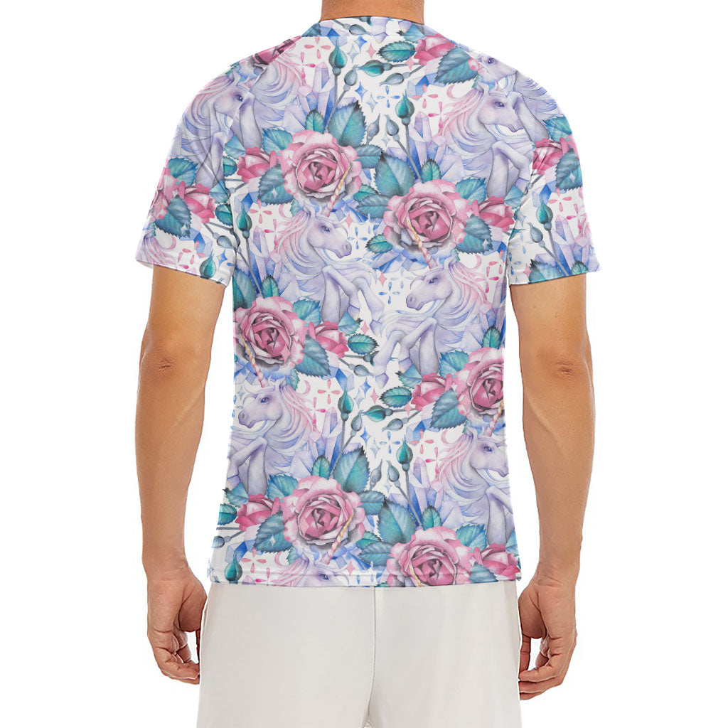 White Fairy Rose Unicorn Pattern Print Men's Short Sleeve Rash Guard