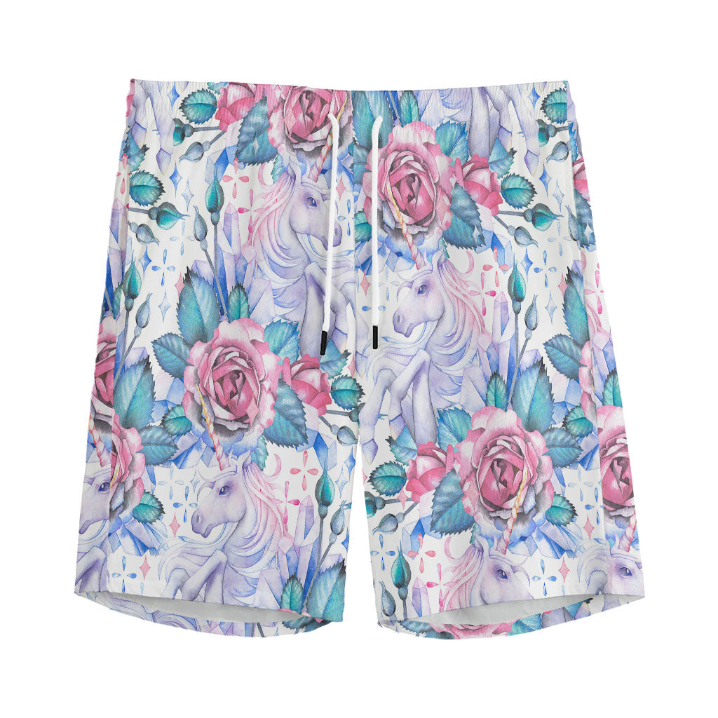 White Fairy Rose Unicorn Pattern Print Men's Sports Shorts