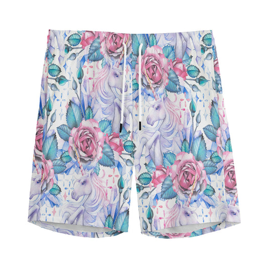 White Fairy Rose Unicorn Pattern Print Men's Sports Shorts