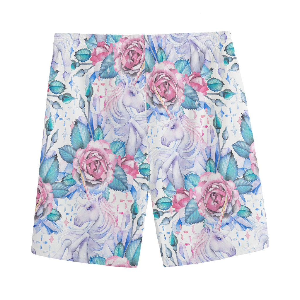 White Fairy Rose Unicorn Pattern Print Men's Sports Shorts