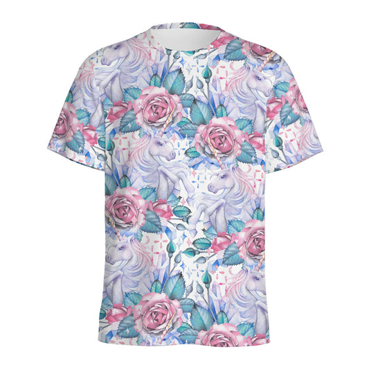 White Fairy Rose Unicorn Pattern Print Men's Sports T-Shirt
