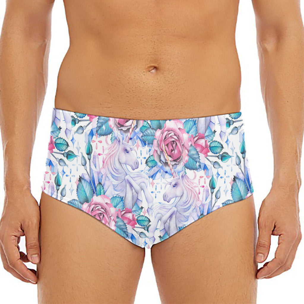 White Fairy Rose Unicorn Pattern Print Men's Triangle Swim Briefs