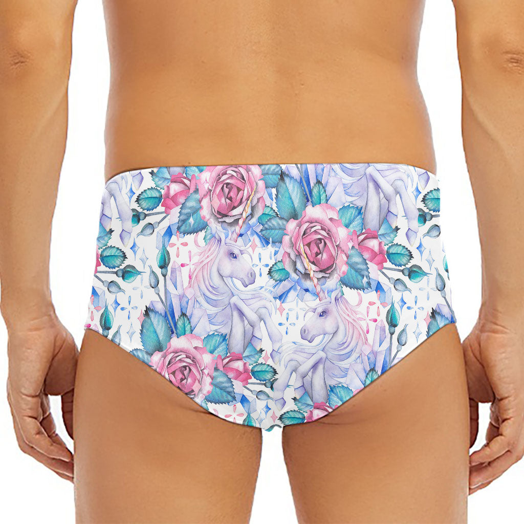 White Fairy Rose Unicorn Pattern Print Men's Triangle Swim Briefs