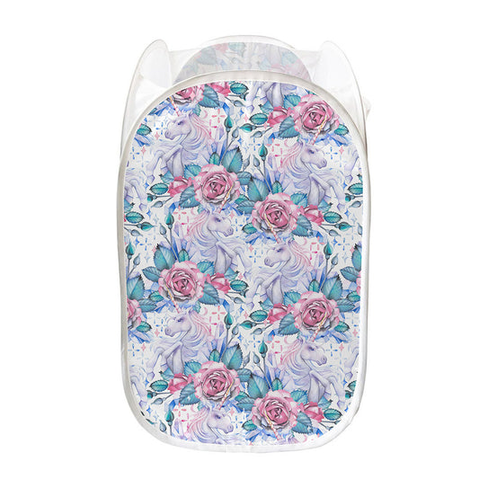 White Fairy Rose Unicorn Pattern Print Mesh Laundry Hamper