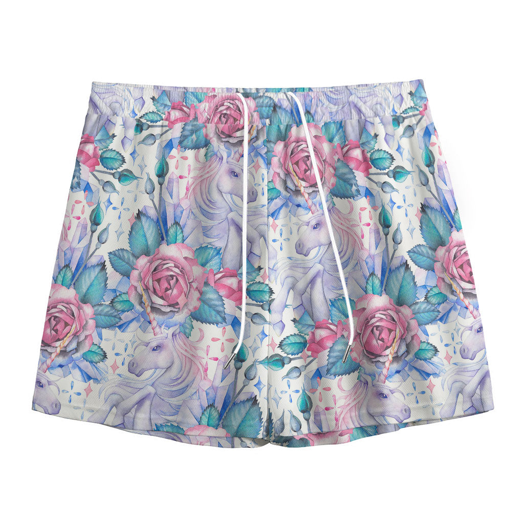 White Fairy Rose Unicorn Pattern Print Mesh Shorts
