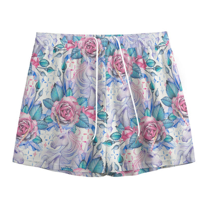 White Fairy Rose Unicorn Pattern Print Mesh Shorts