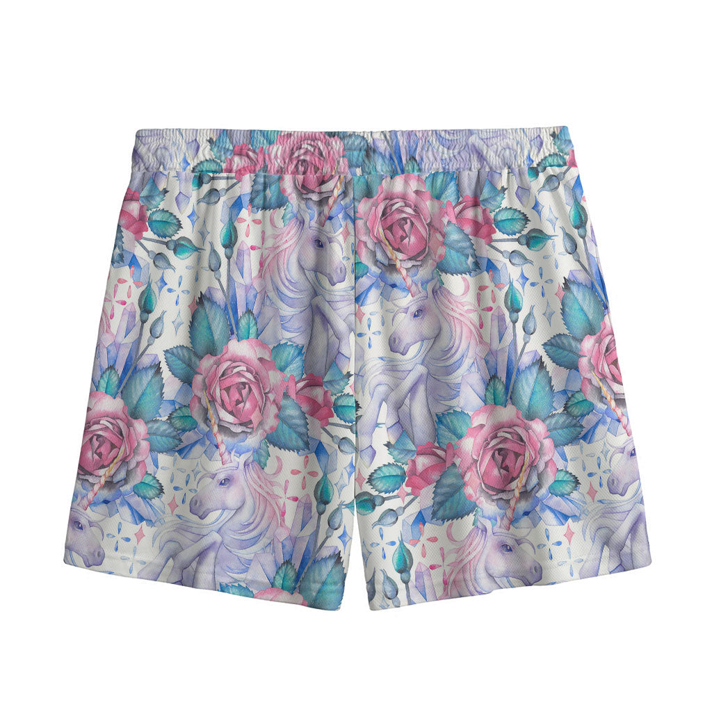 White Fairy Rose Unicorn Pattern Print Mesh Shorts