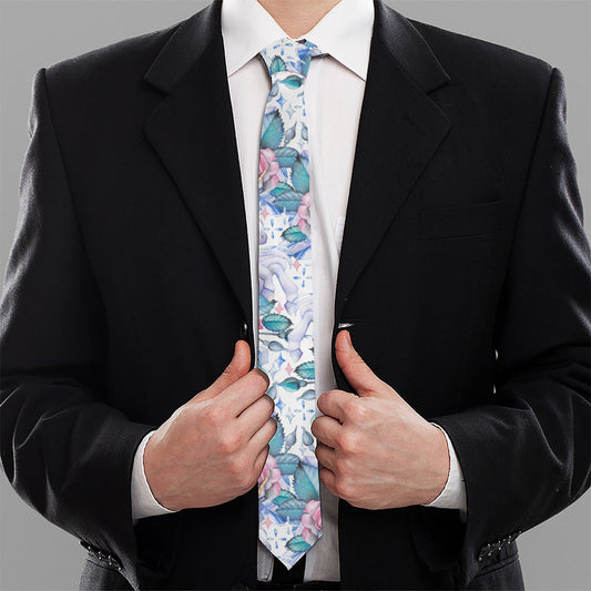 White Fairy Rose Unicorn Pattern Print Necktie