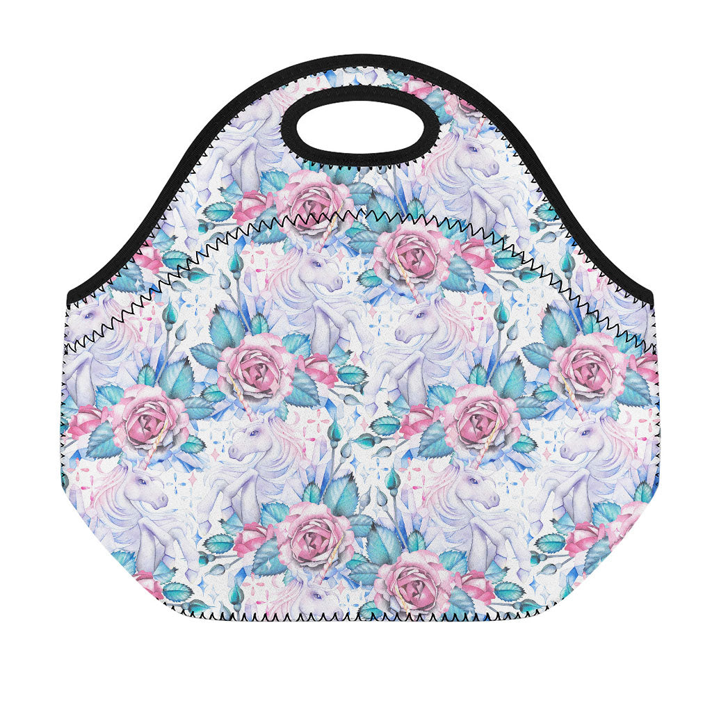 White Fairy Rose Unicorn Pattern Print Neoprene Lunch Bag