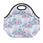 White Fairy Rose Unicorn Pattern Print Neoprene Lunch Bag