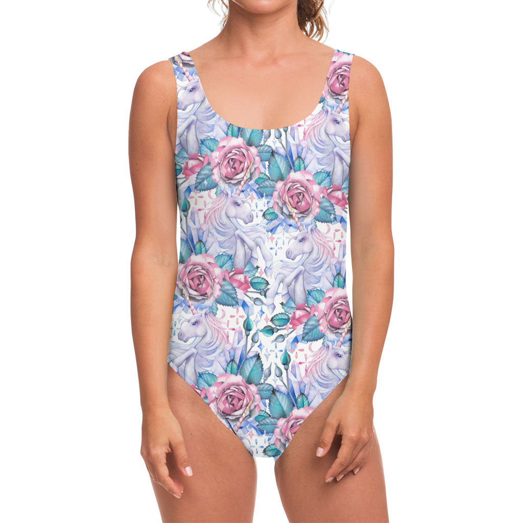 White Fairy Rose Unicorn Pattern Print One Piece Swimsuit
