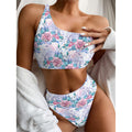 White Fairy Rose Unicorn Pattern Print One Shoulder Bikini Set