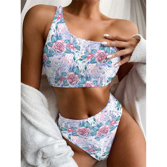 White Fairy Rose Unicorn Pattern Print One Shoulder Bikini Top