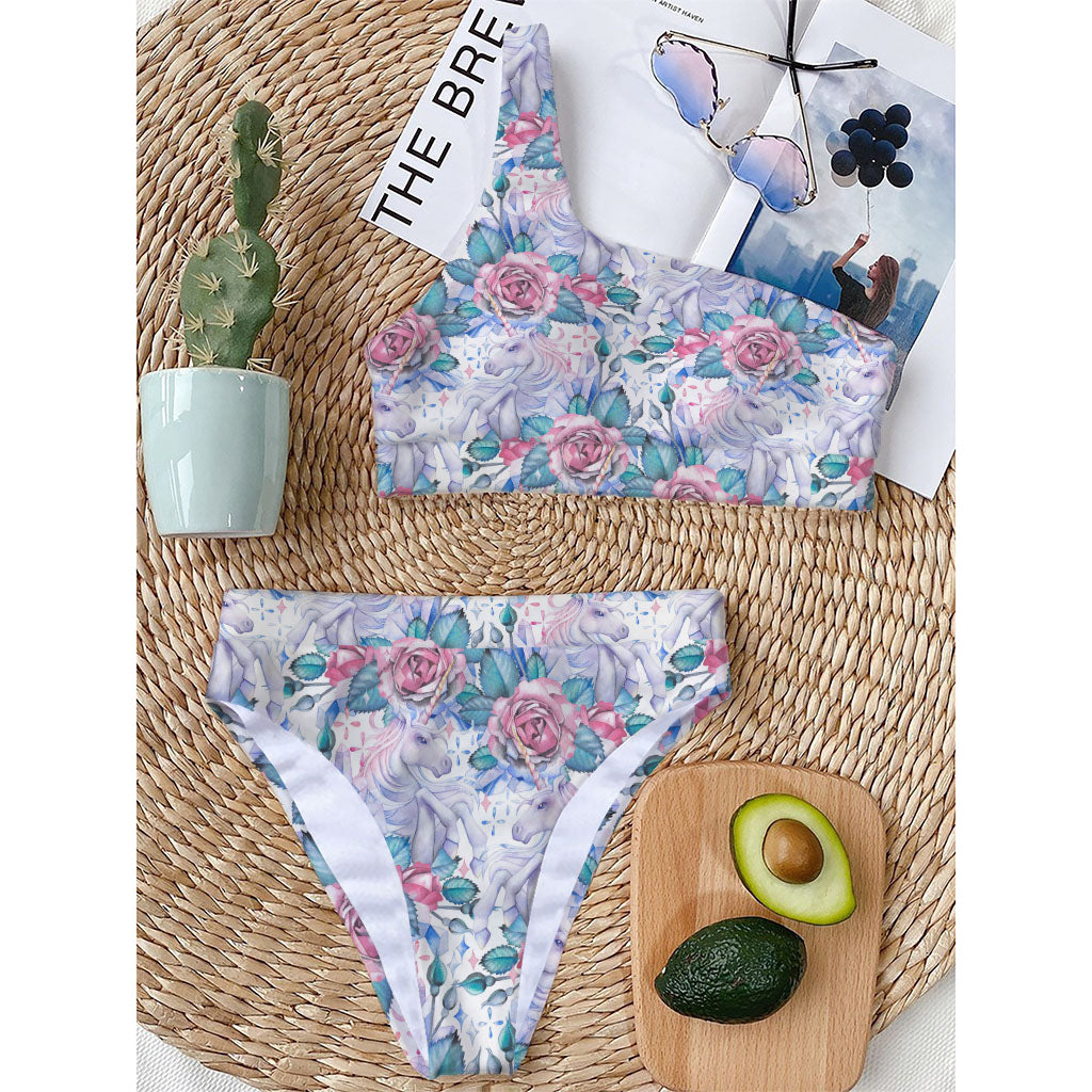 White Fairy Rose Unicorn Pattern Print One Shoulder Bikini Top