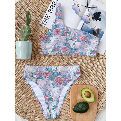 White Fairy Rose Unicorn Pattern Print One Shoulder Bikini Top