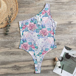 White Fairy Rose Unicorn Pattern Print One Shoulder Bodysuit