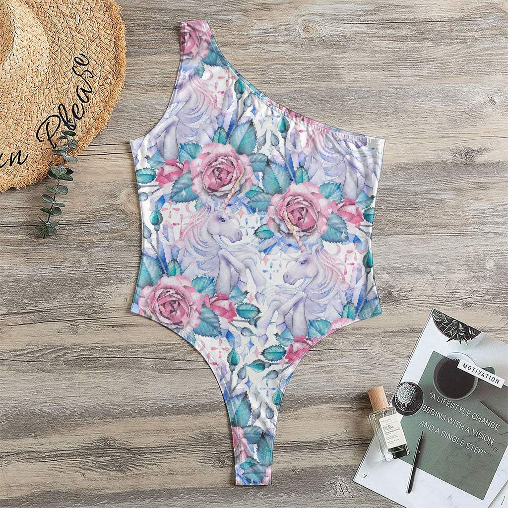 White Fairy Rose Unicorn Pattern Print One Shoulder Bodysuit
