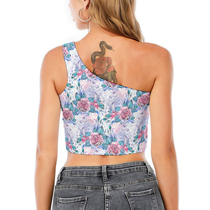 White Fairy Rose Unicorn Pattern Print One Shoulder Crop Top