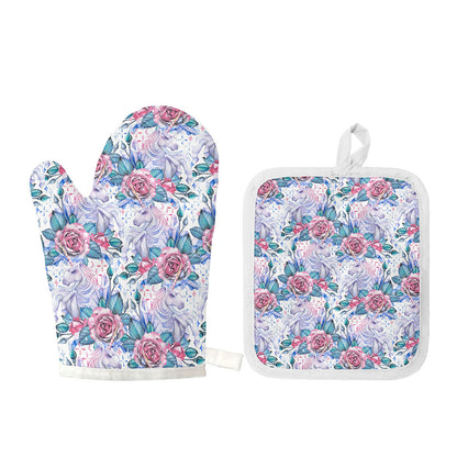 White Fairy Rose Unicorn Pattern Print Oven Mitt And Pot Holder Set