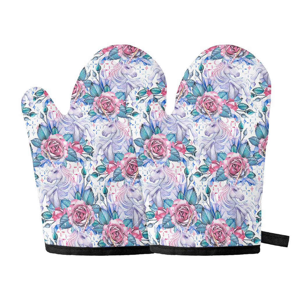 White Fairy Rose Unicorn Pattern Print Oven Mitts