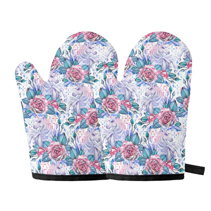 White Fairy Rose Unicorn Pattern Print Oven Mitts