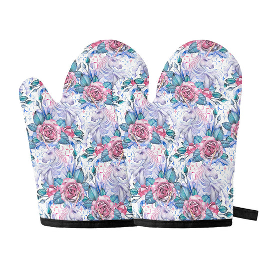 White Fairy Rose Unicorn Pattern Print Oven Mitts