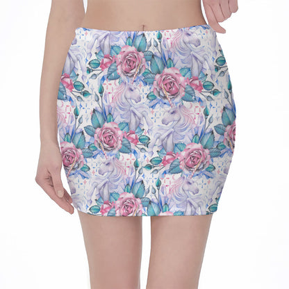 White Fairy Rose Unicorn Pattern Print Pencil Mini Skirt