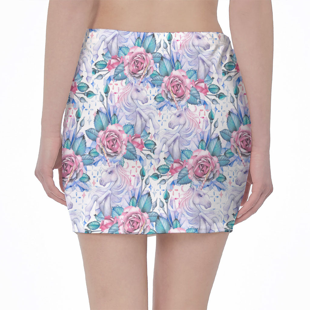White Fairy Rose Unicorn Pattern Print Pencil Mini Skirt