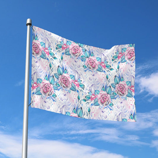 White Fairy Rose Unicorn Pattern Print Polyester Flag