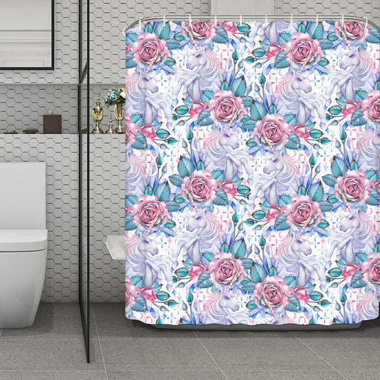 White Fairy Rose Unicorn Pattern Print Polyester Shower Curtain