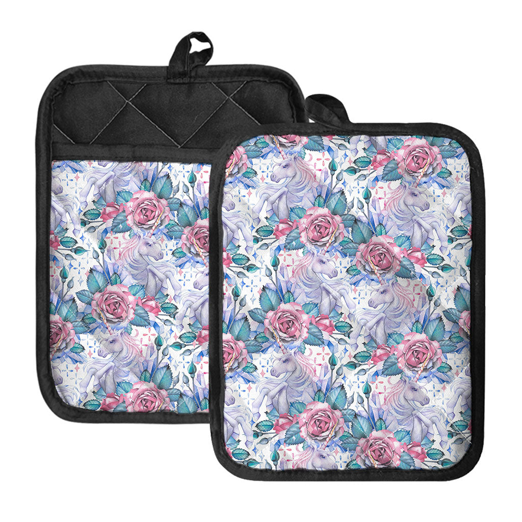 White Fairy Rose Unicorn Pattern Print Pot Holders With Pocket