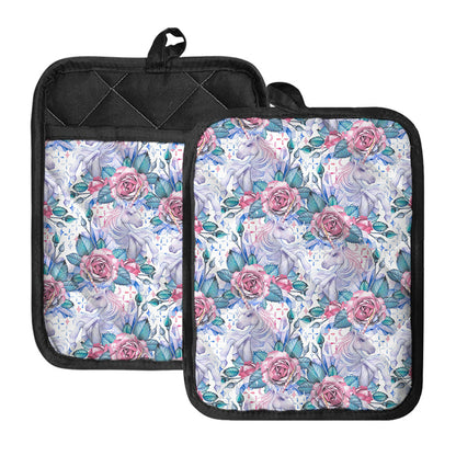 White Fairy Rose Unicorn Pattern Print Pot Holders With Pocket