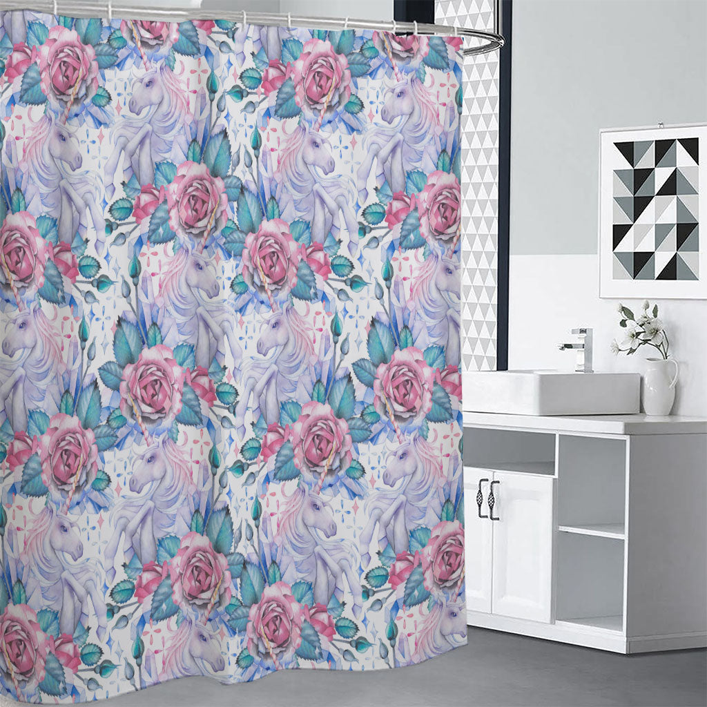 White Fairy Rose Unicorn Pattern Print Premium Shower Curtain