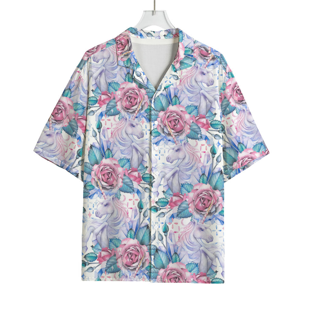 White Fairy Rose Unicorn Pattern Print Rayon Hawaiian Shirt