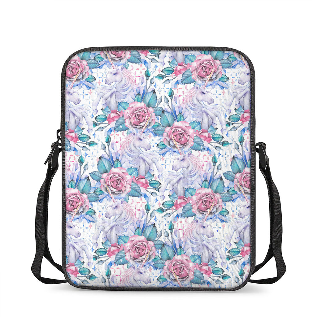 White Fairy Rose Unicorn Pattern Print Rectangular Crossbody Bag