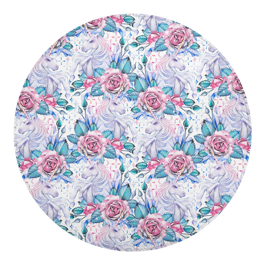 White Fairy Rose Unicorn Pattern Print Round Blanket