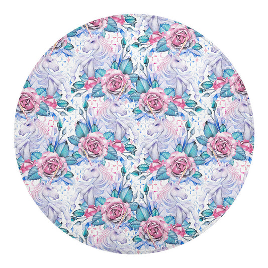 White Fairy Rose Unicorn Pattern Print Round Blanket