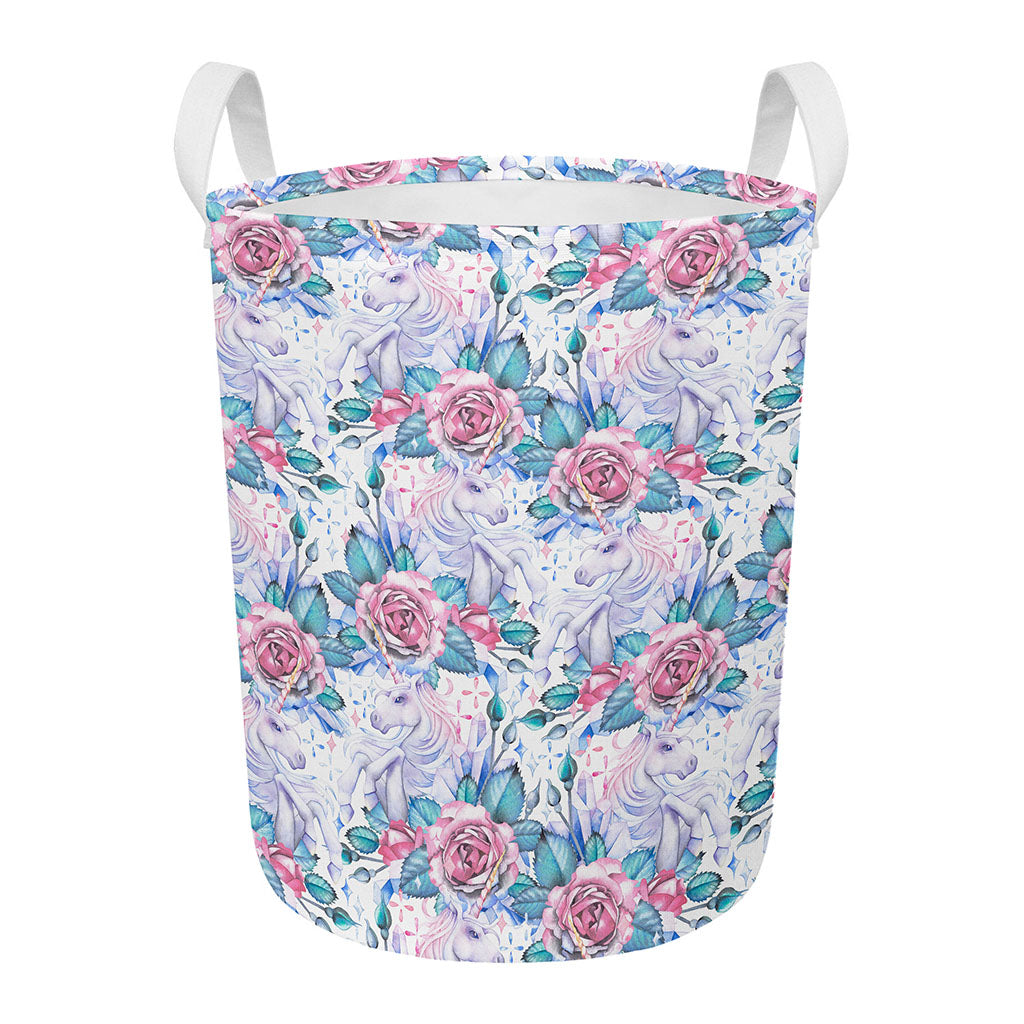 White Fairy Rose Unicorn Pattern Print Round Laundry Basket