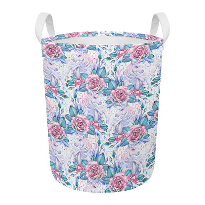 White Fairy Rose Unicorn Pattern Print Round Laundry Basket