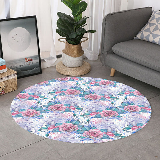 White Fairy Rose Unicorn Pattern Print Round Rug